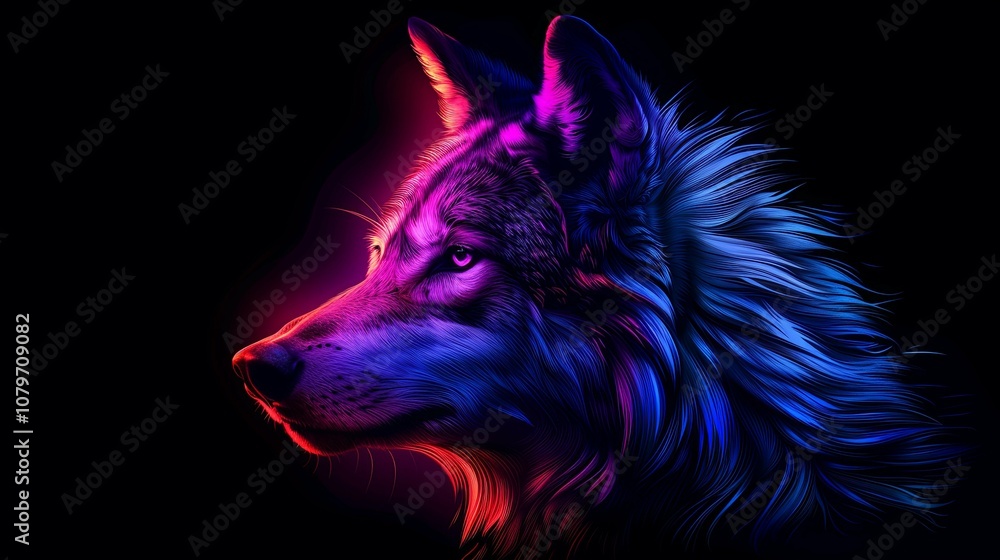Neon Wolf Portrait with Red and Blue Hues Neon Wolf Portrait with Red and Blue Hues