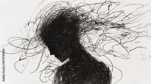 A rough, black ballpoint pen sketch with minimal detail, depicting a figure concentrating intensely, projecting a faint phantom image in front of them