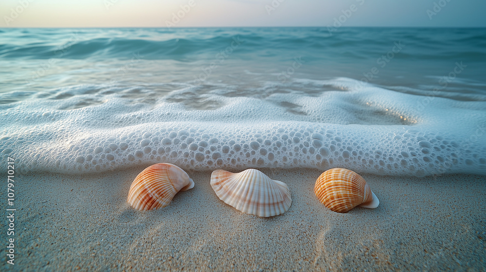 Seashells on sandy beach, anxiety relief, gentle waves and soft foam in serene setting Seashells on sandy beach, anxiety relief, gentle waves and soft foam in serene setting