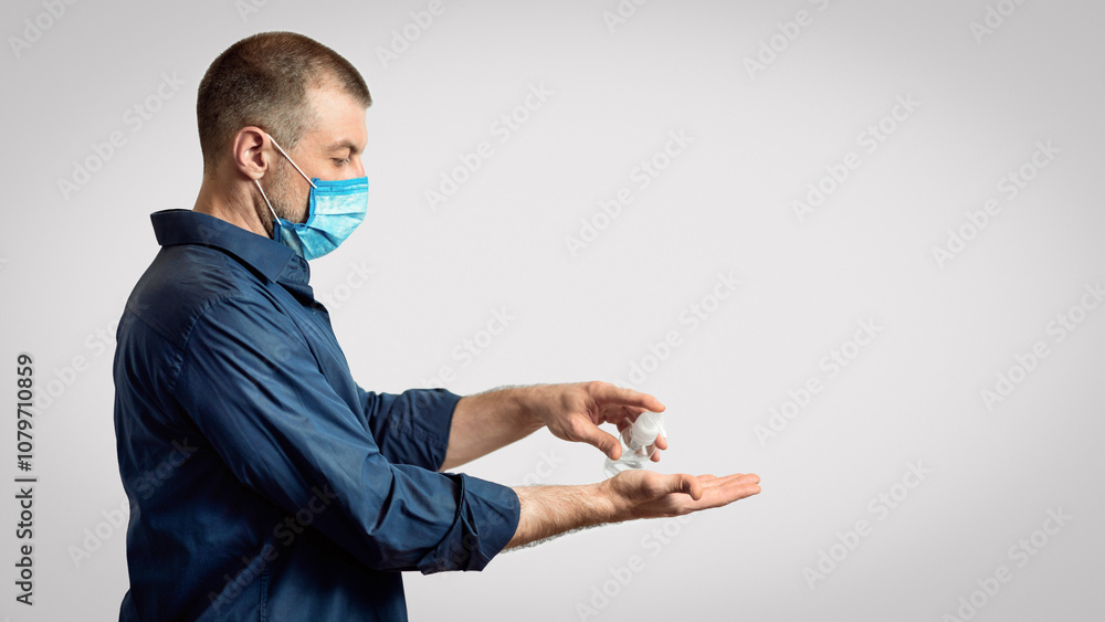 Man Disinfecting Hands Using Medical Sanitizer Gel For Virus Protection Standing On Gray Studio Background. Side View Man Disinfecting Hands Using Medical Sanitizer Gel For Virus Protection Standing On Gray Studio Background. Side View