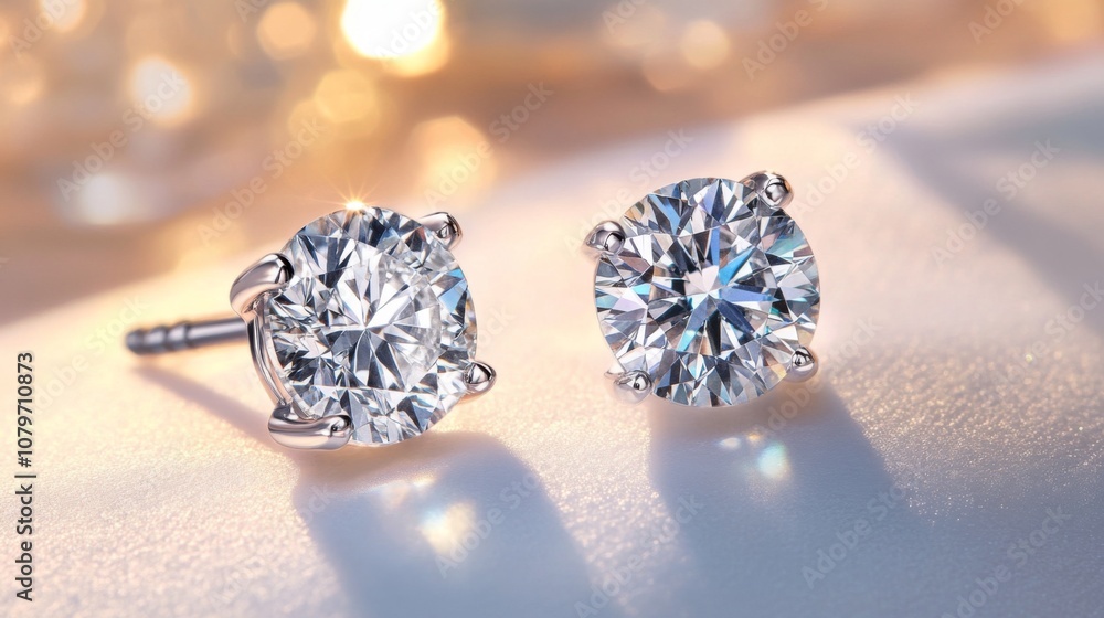 Elegant Pair of Sparkling Round Diamond Stud Earrings on a Soft Surface with a Blurred Luxurious Background for Jewelry Lovers and Fashion Enthusiasts Elegant Pair of Sparkling Round Diamond Stud Earrings on a Soft Surface with a Blurred Luxurious Background for Jewelry Lovers and Fashion Enthusiasts