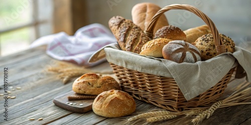 Assorted Bread Varieties in a Charming Basket Flat Lay with Copy Space - Artisan Bread, Fresh Baked Goods, Rustic Bakery, Gourmet Bread, Food Photography