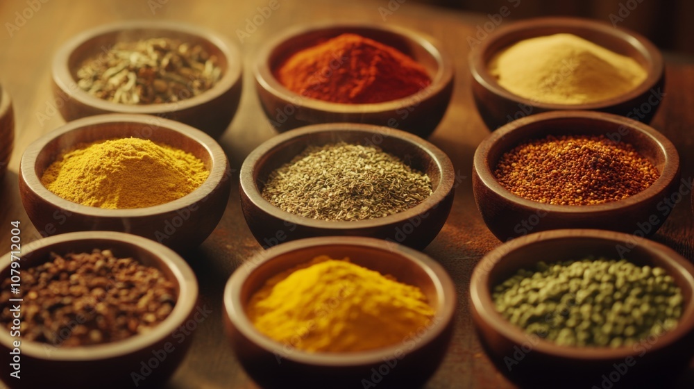 A Colorful Arrangement of Various Spices in Wooden Bowls on a Rustic Table Showcasing the Diversity of Culinary Flavors for Cooking and Baking Enthusiasts A Colorful Arrangement of Various Spices in Wooden Bowls on a Rustic Table Showcasing the Diversity of Culinary Flavors for Cooking and Baking Enthusiasts