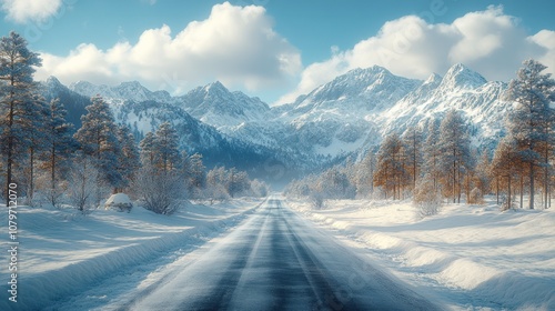 A snowy road winds through a wintery mountain landscape.