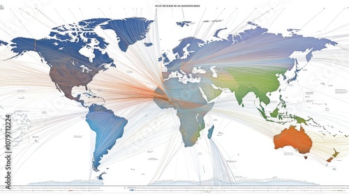 Global Connectivity Map Depicting International Trade and Migration Patterns Across Continents with Color-Coded Flow Representation