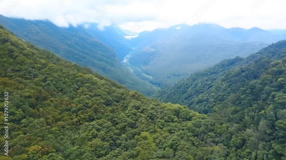 Aerial View of Lush Mountain Valley with River in Distance Aerial View of Lush Mountain Valley with River in Distance