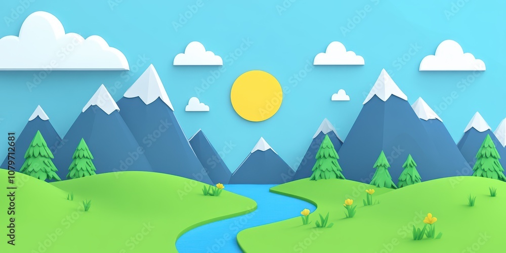Obraz premium Colorful Paper Cut Landscape with Mountains, Trees, River, and Bright Sun in a Blue Sky, Perfect for Nature and Adventure Themes