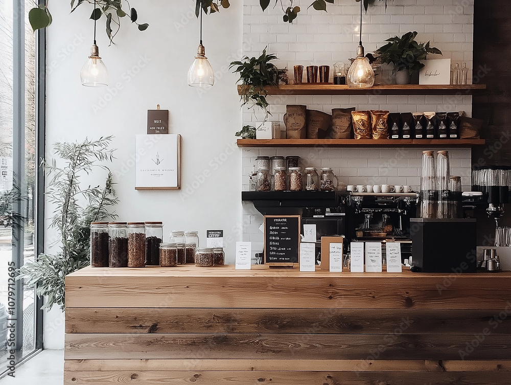 Cozy Coffee Shop Interior: Rustic wooden shelves and counter, with hanging plants, Edison bulb lights, and various jars of coffee beans, creating a warm and inviting atmosphere. Cozy Coffee Shop Interior: Rustic wooden shelves and counter, with hanging plants, Edison bulb lights, and various jars of coffee beans, creating a warm and inviting atmosphere.