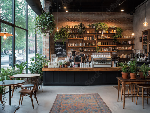 Urban Coffee Shop Oasis: A trendy cafe interior showcasing rustic-chic design elements, lush greenery, and a warm, inviting atmosphere. Perfect for showcasing coffee culture and lifestyle brands. photo