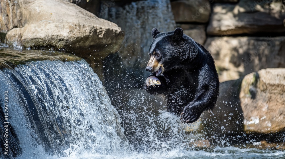 Black Bear Fishing In Waterfall Stream Black Bear Fishing In Waterfall Stream