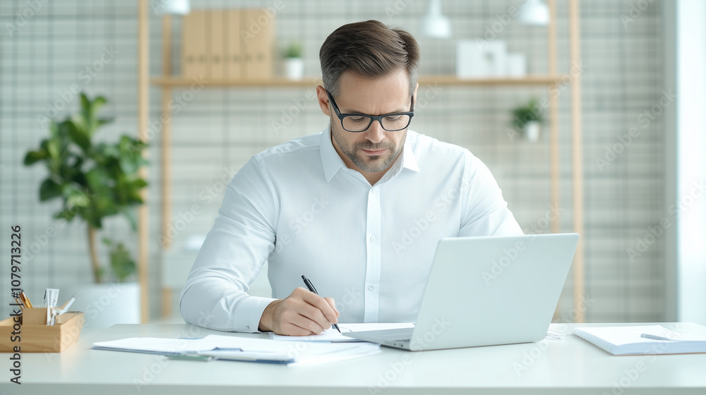 Fototapeta premium Modern office worker at a clean, organized desk, using a laptop and taking notes.