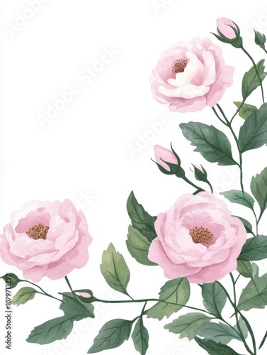 Elegant Pink Roses with Delicate Green Leaves on a Soft Background Perfect for Floral Designs, Invitations, and Botanical Illustrations