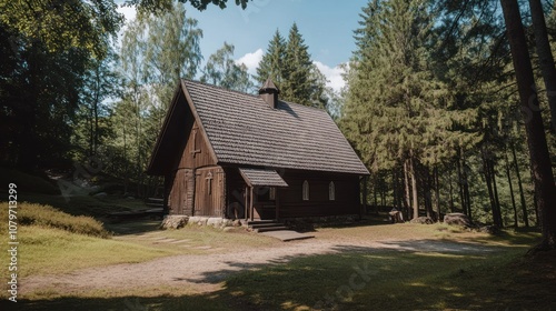 A rustic wooden cabin nestled among tall trees in a serene forest setting.