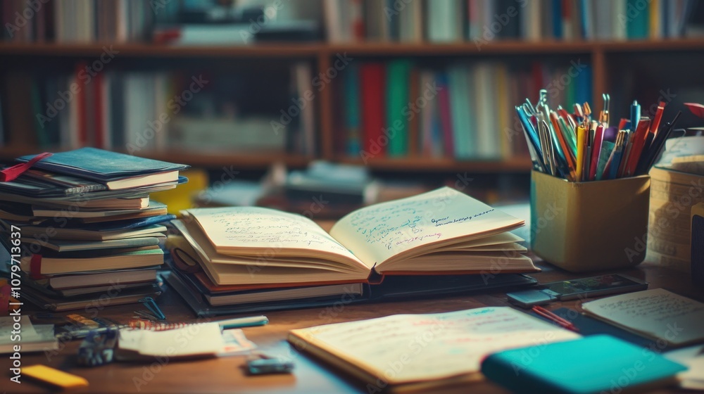 Open Book on a Desk with Pens and Notebooks Open Book on a Desk with Pens and Notebooks