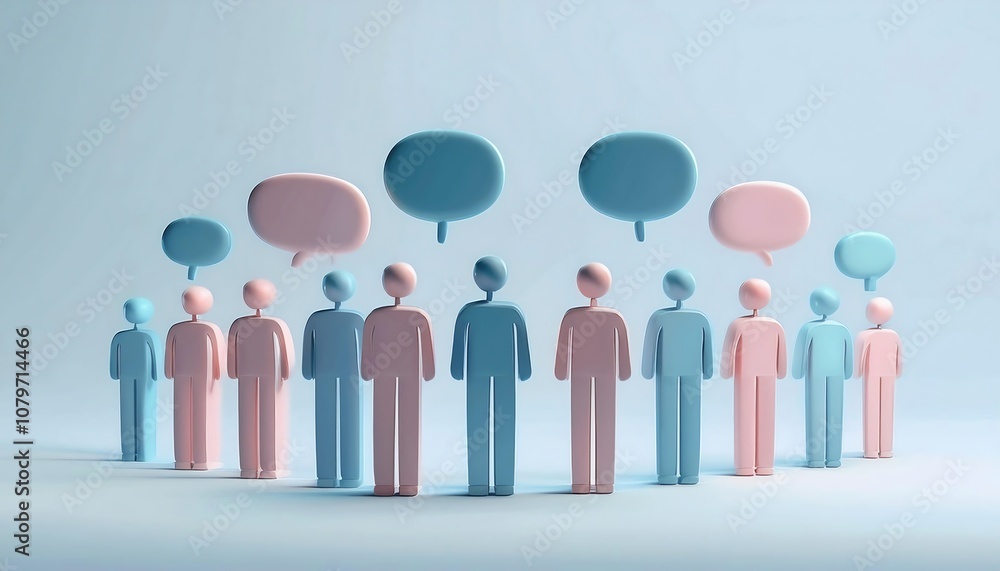Fototapeta premium The image features stylized figures in blue and pink, representing a discussion environment with speech bubbles above them, symbolizing communication and dialogue.