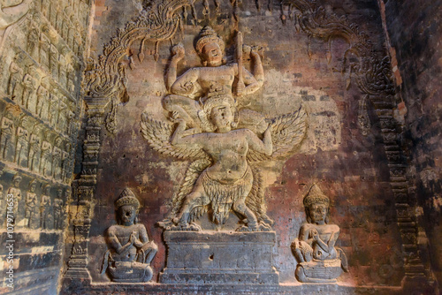 Bas-relief sculpture at Kravan temple, Siem Reap, Cambodia.