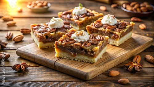 Decadent pecan bars with a creamy topping, nestled on a wooden board surrounded by star anise and scattered nuts, capturing the essence of autumnal flavors.