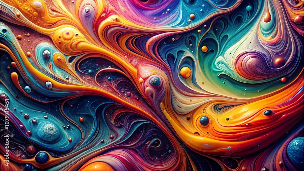 Abstract Swirling Liquid with Vivid Colors and Scattered Bubbles Abstract Swirling Liquid with Vivid Colors and Scattered Bubbles