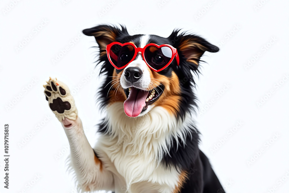 cheerful black and white dog on plain white background and wearing red heart-shaped sunglasses, scene-fun and dog-enthusiastic