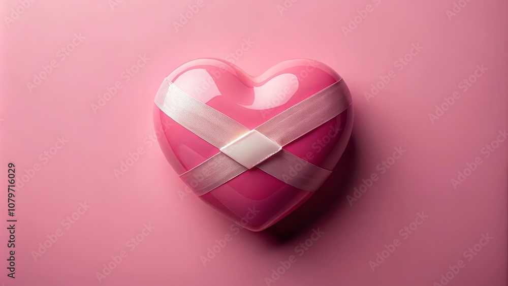 A Shiny Pink Heart Decorated With a White Ribbon, a Simple and Elegant Design, Representing Love and Care A Shiny Pink Heart Decorated With a White Ribbon, a Simple and Elegant Design, Representing Love and Care