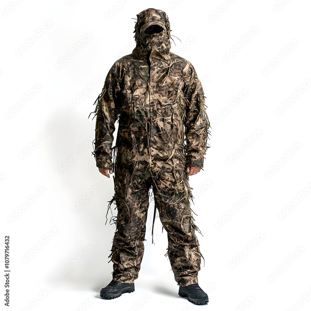 A Camouflage hunting Gillie suit on a white background A Camouflage hunting Gillie suit on a white background