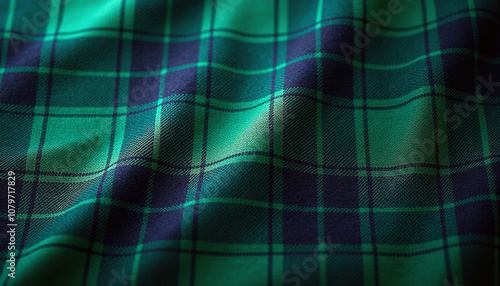 Dark green and navy tartan fabric background, high detail with visible fibers and natural shadowing, giving a rich and timeless look photo