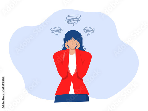 Stressful at work. Office syndrome.Business woman with strong headache, tired and exhausted girl holding head. chronic fatigue and nervous tension, flat vector