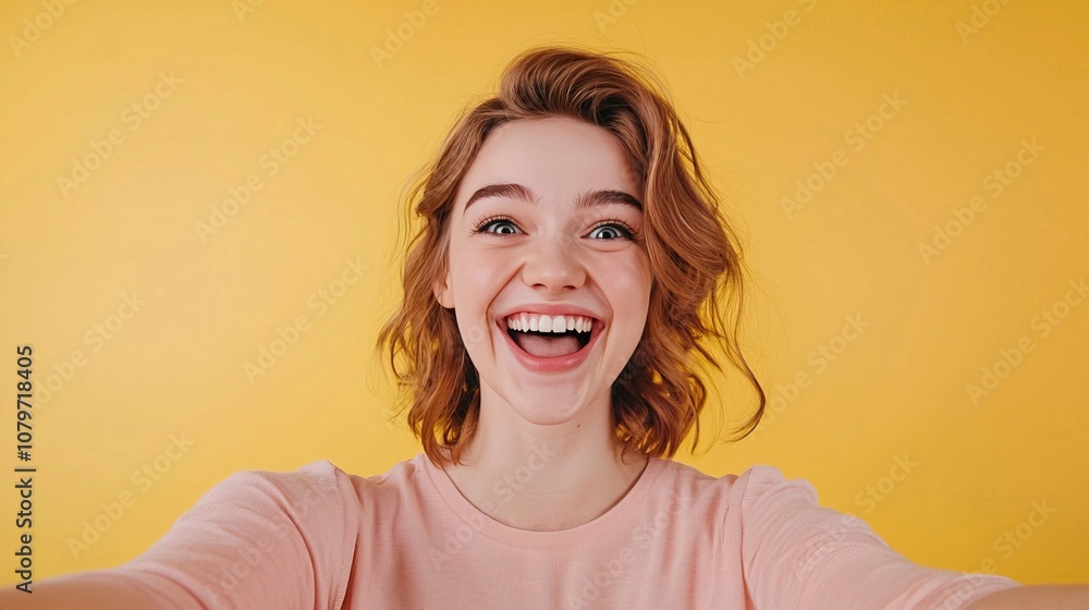Cute girl making a funny face Concept. Cheerful Girl with Big Smile on Yellow Background Cute girl making a funny face Concept. Cheerful Girl with Big Smile on Yellow Background