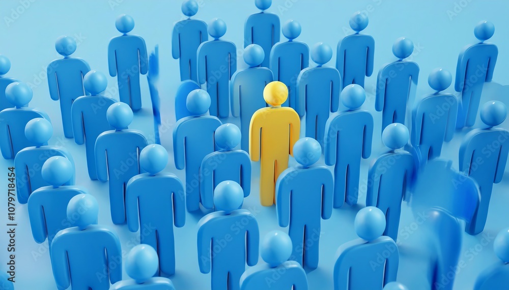 A lone yellow figure stands out among a crowd of blue figures, symbolizing uniqueness and individuality in a sea of conformity.
