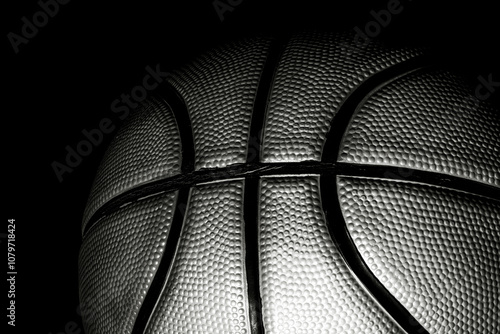 Closeup view of official black and white leather basketball on the black floor surface. Streetball and hoops