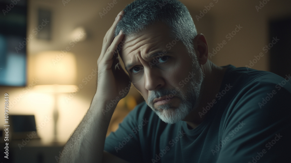Middle-aged man sitting alone in a quiet room, holding his head with one hand, looking stressed and concerned. Emotional state of solitude and introspection. Middle-aged man sitting alone in a quiet room, holding his head with one hand, looking stressed and concerned. Emotional state of solitude and introspection.