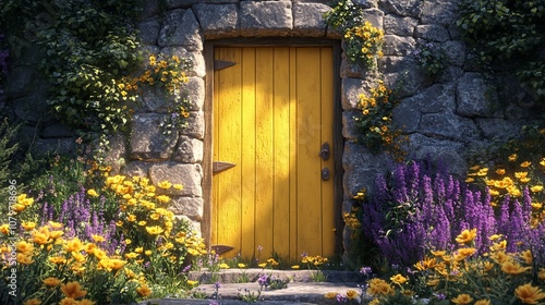 Yellow wooden door in a stone wall surrounded by blooming flowers in a garden.