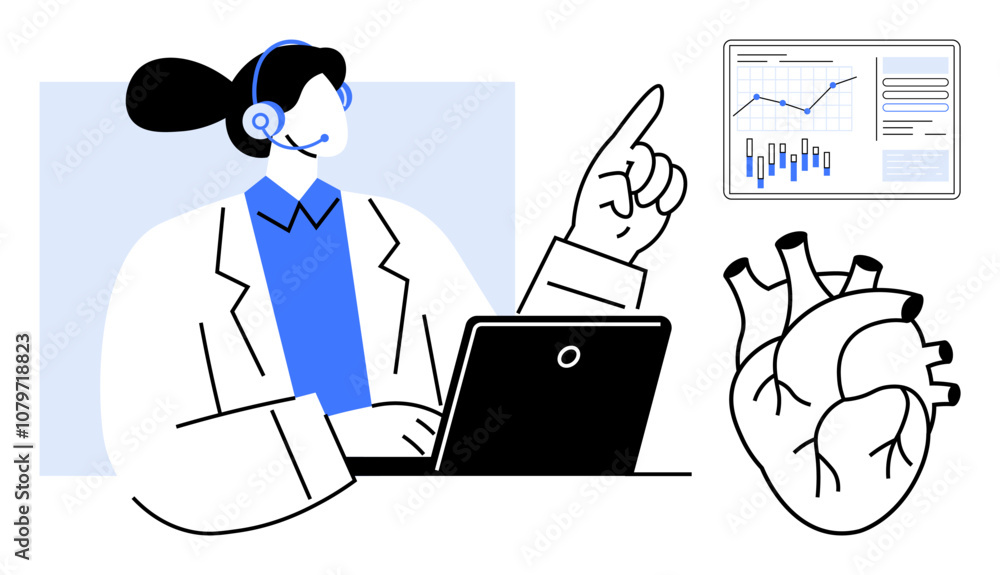 Doctor with headset pointing at data chart next to heart illustration, analyzing information on laptop. Ideal for medical consultations, telehealth, cardiology, data analysis, healthcare studies Doctor with headset pointing at data chart next to heart illustration, analyzing information on laptop. Ideal for medical consultations, telehealth, cardiology, data analysis, healthcare studies