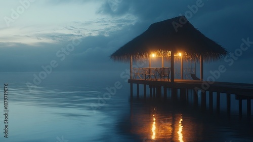 Wallpaper Mural Gazebo with thatched roof, set on a pier over the ocean, twilight hour  Torontodigital.ca