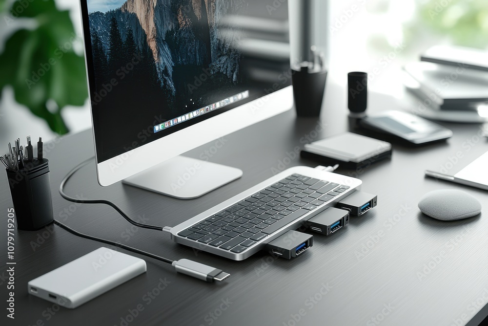 A sleek USB-C hub with multiple ports, connected to various devices, on a modern office desk with cables neatly organized A sleek USB-C hub with multiple ports, connected to various devices, on a modern office desk with cables neatly organized
