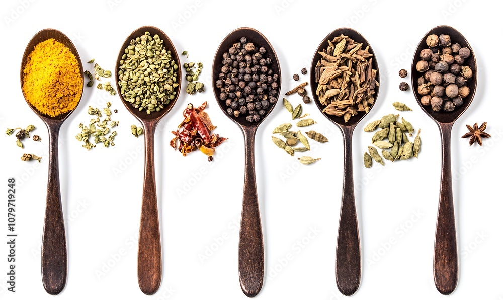 Set of indian spices in spoons, isolated Set of indian spices in spoons, isolated