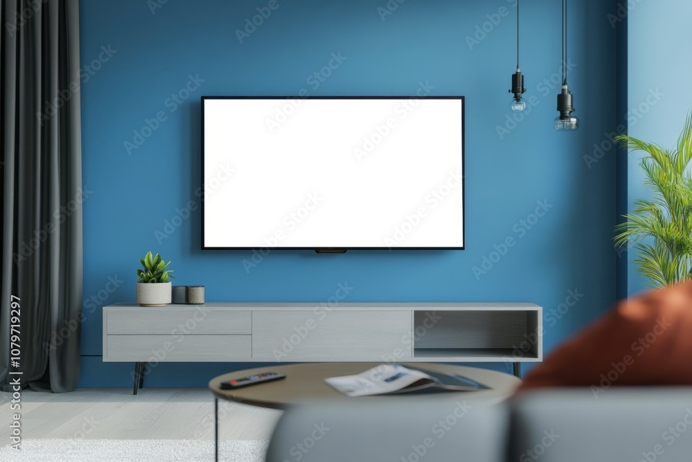 A smart TV mounted on a minimalist living room wall, displaying a vivid streaming service interface, with a remote control on the coffee table A smart TV mounted on a minimalist living room wall, displaying a vivid streaming service interface, with a remote control on the coffee table