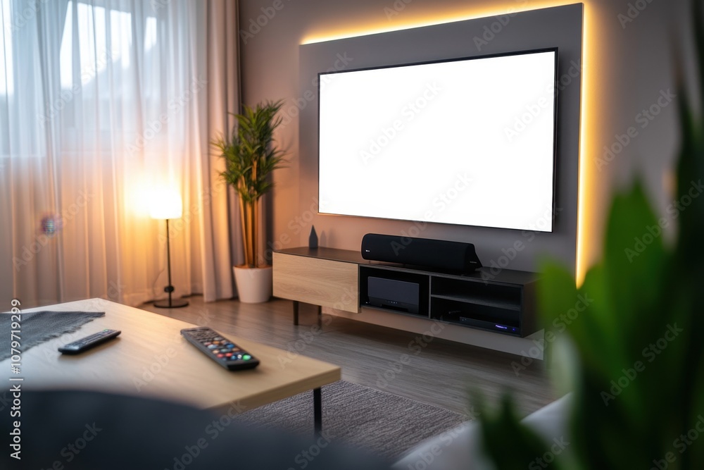 Fototapeta premium A smart TV mounted on a minimalist living room wall, displaying a vivid streaming service interface, with a remote control on the coffee table