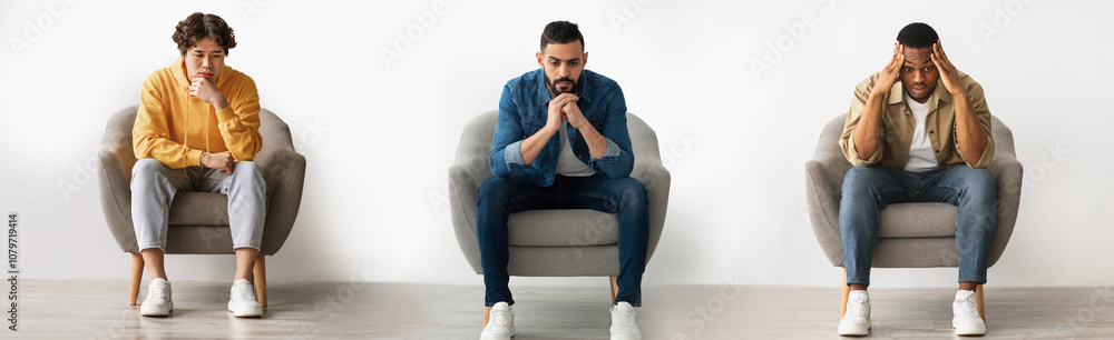 Collage Of Three Different Pensive Men Sitting On Chair Over White Wall Indoors, Young Upset Multiethnic Males Thinking About Something, Suffering Depression Or Life Problems, Panorama Collage Of Three Different Pensive Men Sitting On Chair Over White Wall Indoors, Young Upset Multiethnic Males Thinking About Something, Suffering Depression Or Life Problems, Panorama