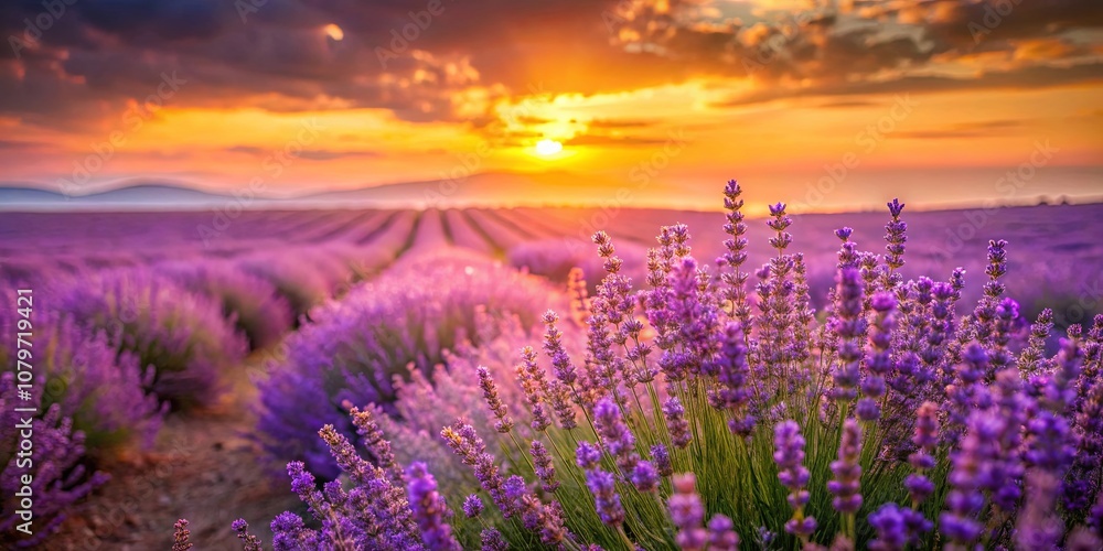 Obraz premium Lavender Field Bathed in Warm Sunset Hues, a Serene Landscape of Purple Blooms and Golden Rays