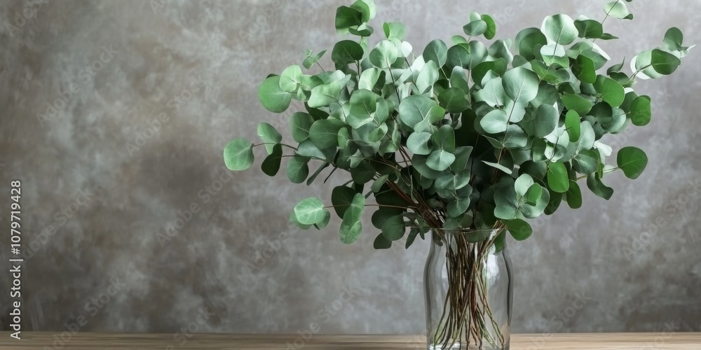 Fresh cut eucalyptus branches in a glass vase on a table Fresh cut eucalyptus branches in a glass vase on a table