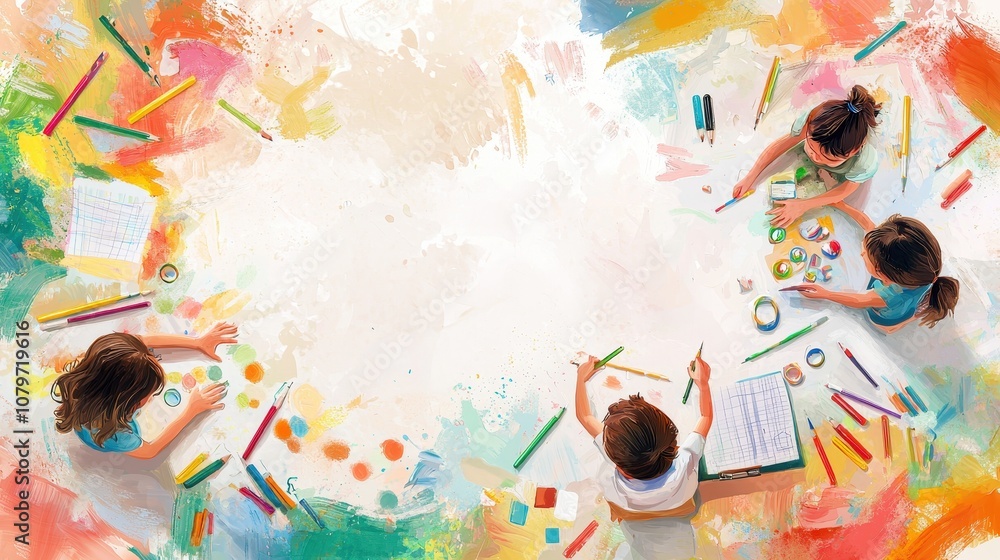 Obraz premium Children engaged in creative crafts, colorful supplies spread on a bright workspace