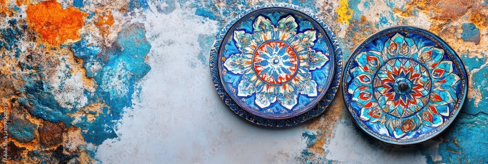 Obraz premium Colorful decorative plates against a textured, vibrant background.
