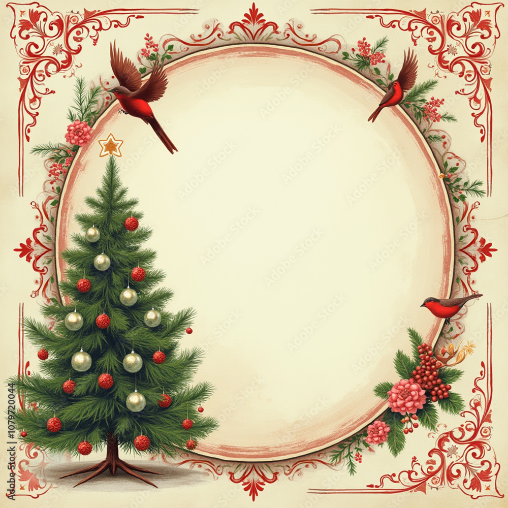 A festive winter border design featuring a decorated Christmas tree, holiday decorations, and a bird, set against a soft background A festive winter border design featuring a decorated Christmas tree, holiday decorations, and a bird, set against a soft background