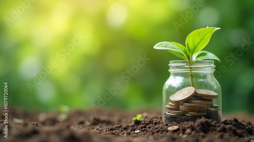Wallpaper Mural Plant growing in money Coins glass jar on ground, green nature background. Torontodigital.ca