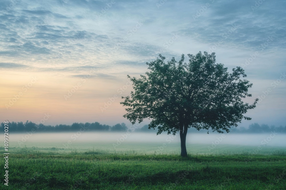 Fototapeta premium Solitary tree in a misty field at sunrise.
