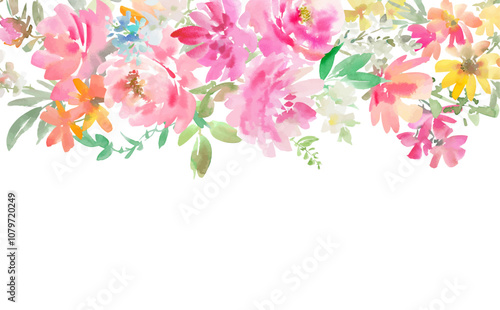 Watercolor Floral drop background with abstract hand painted pink peonies, roses and wild flowers for banner and post card. Vector files.