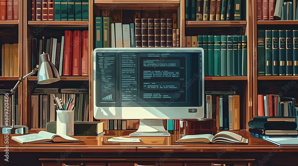 Computer and Books on a Wooden Desk with a Desk Lamp Computer and Books on a Wooden Desk with a Desk Lamp