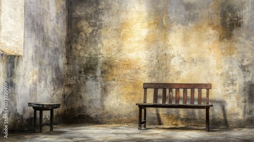 A rustic interior featuring a wooden bench against a textured wall, evoking solitude.