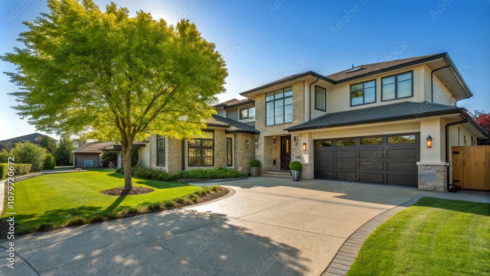 Modern Home Exterior with Spacious Driveway and Lush Green Tree Under Clear Blue Sky for Real Estate and Architectural Photography Modern Home Exterior with Spacious Driveway and Lush Green Tree Under Clear Blue Sky for Real Estate and Architectural Photography